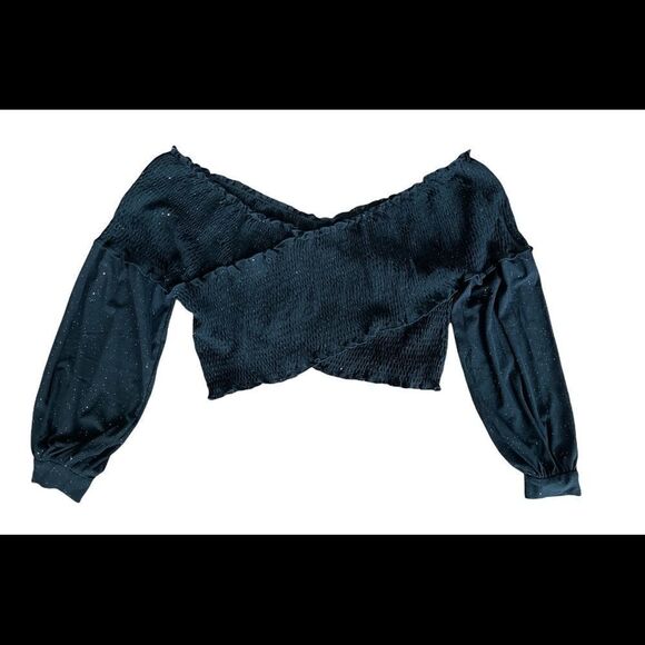 VERONA couture black sparkle smock faux wrap off shoulder crop top with sleeves - Picture 1 of 13